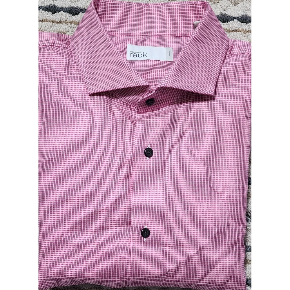 Nordstrom Rack Men's Red Check Trim Fit Cotton Dress Shirt Size 16.5 X 34/35